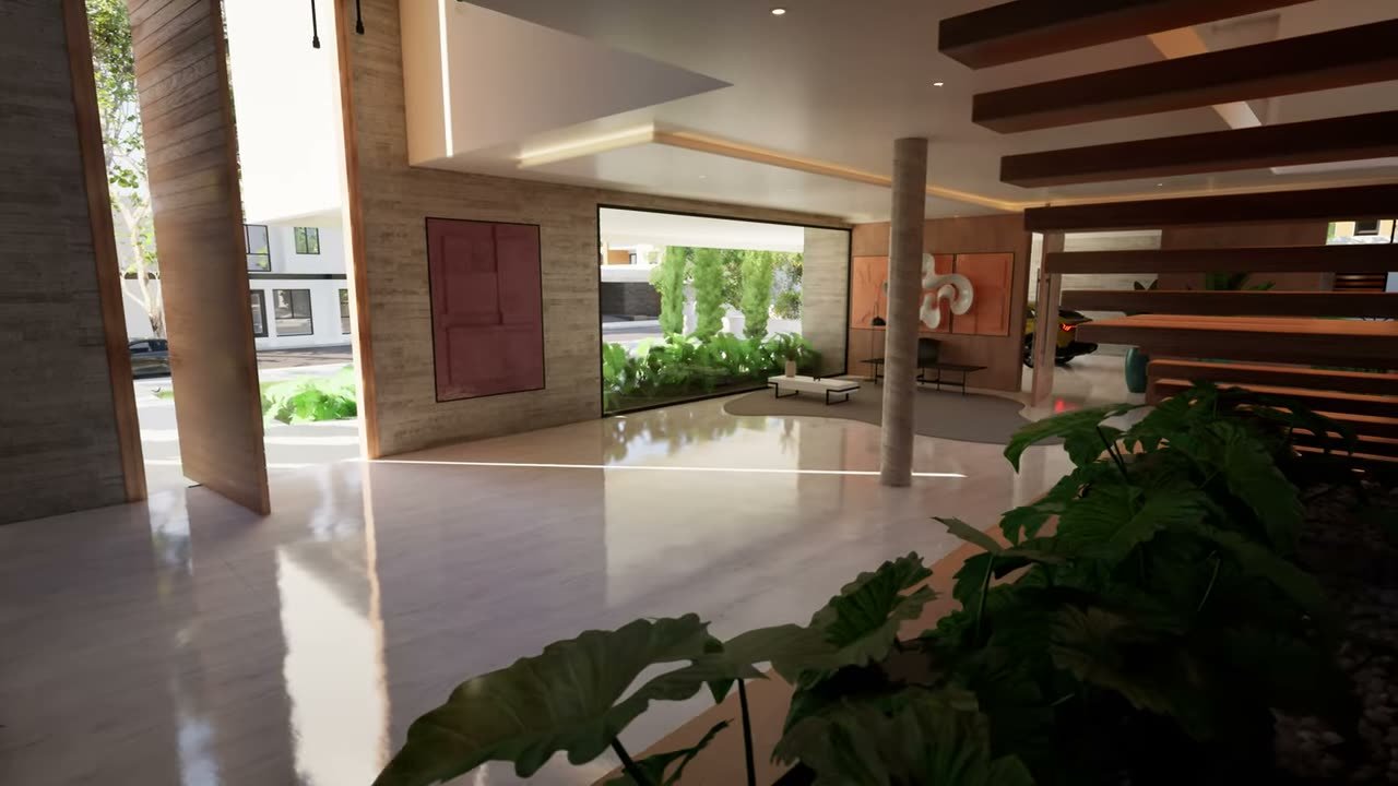 Entrance hall of the sample villa, timber slat ceiling and polished floor